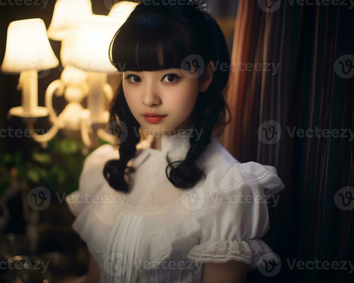 süß asiatisch jung Mädchen gekleidet im lolita Maid Kleid ai generativ foto