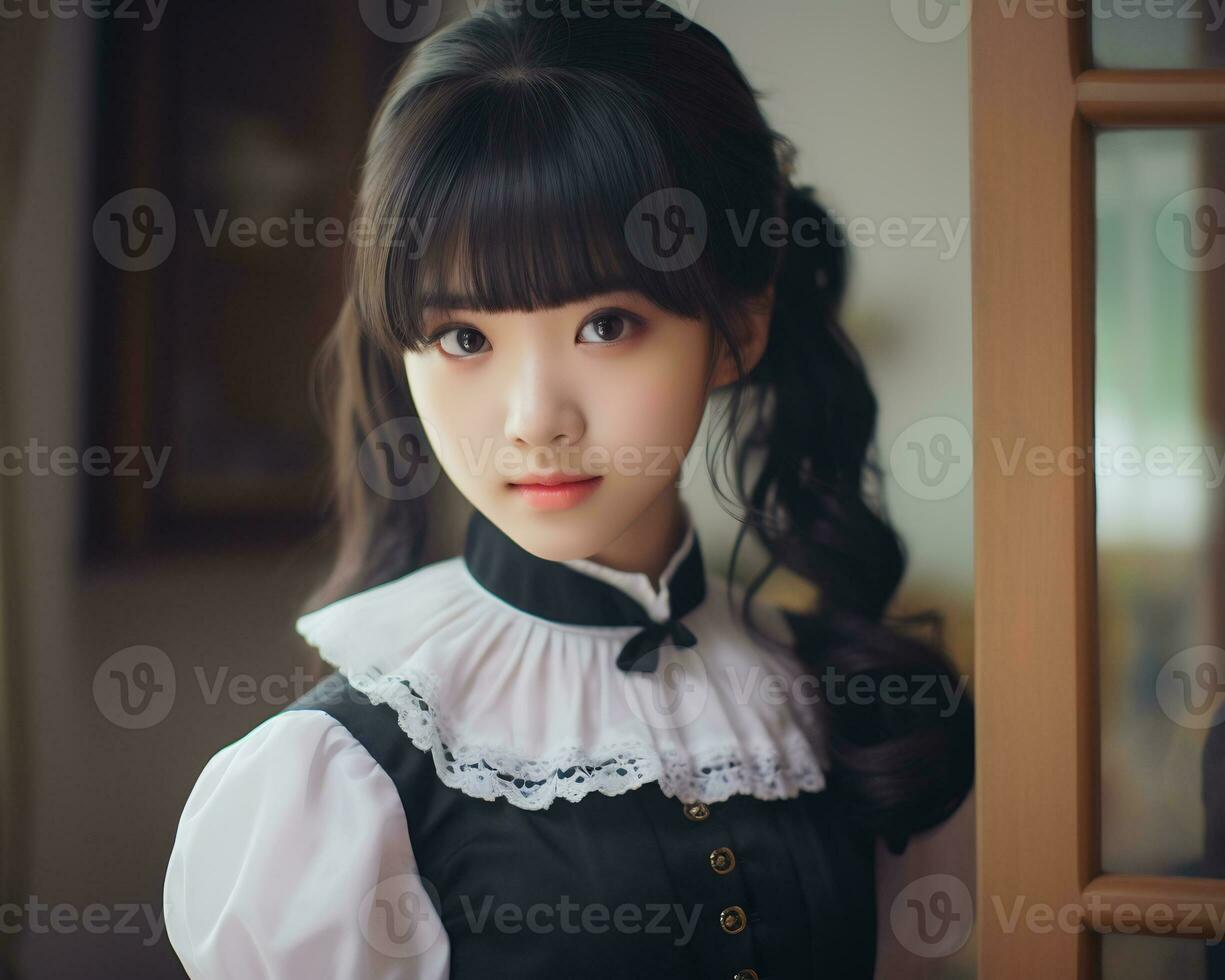 süß asiatisch jung Mädchen gekleidet im lolita Maid Kleid ai generativ foto