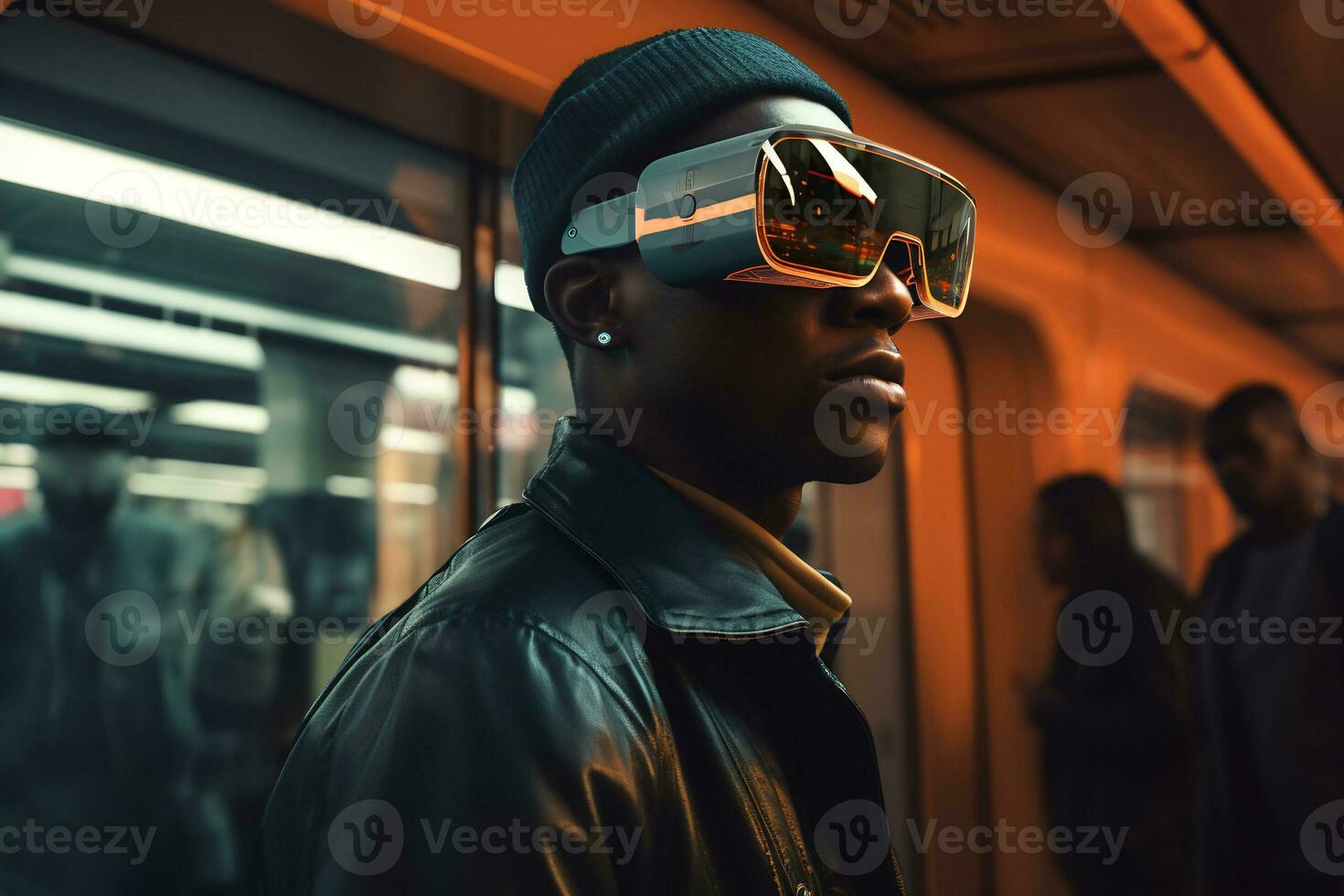 Person tragen ein futuristisch vr Brille ai generativ foto