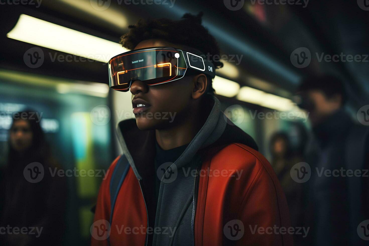 Person tragen ein futuristisch vr Brille ai generativ foto