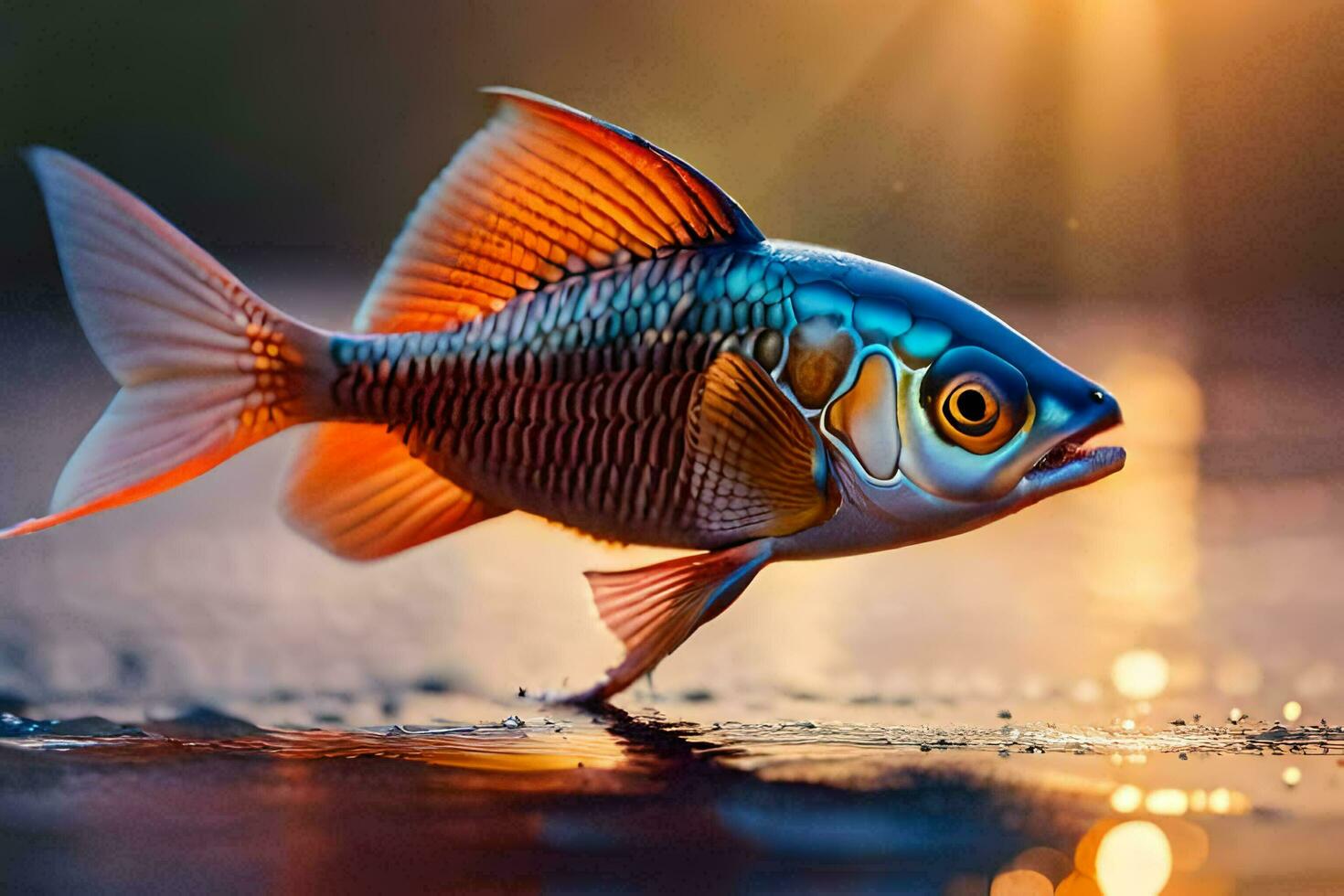 ein Fisch mit hell Farben ist Gehen auf das Wasser. KI-generiert foto