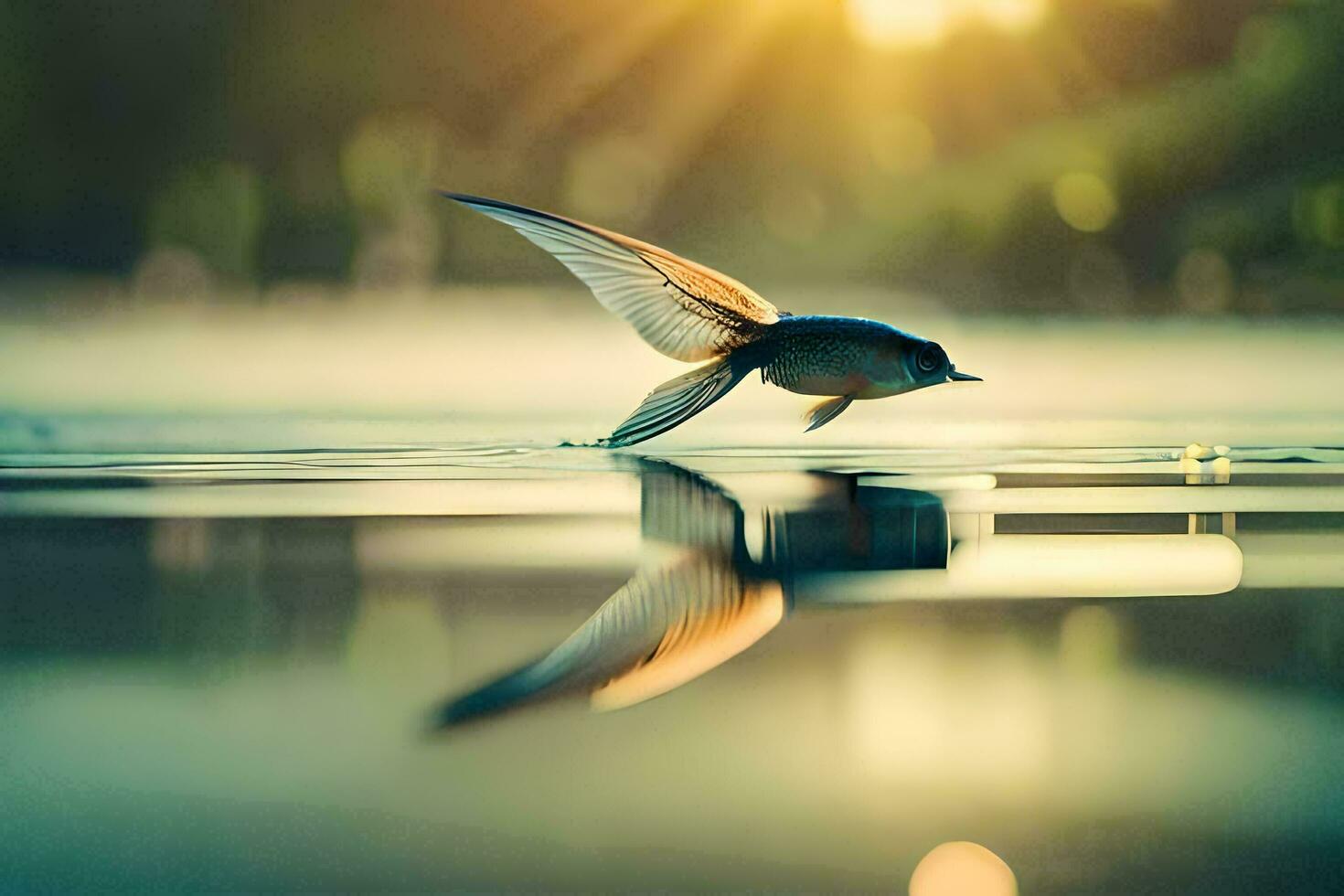 ein Vogel fliegend Über Wasser mit das Sonne im das Hintergrund. KI-generiert foto