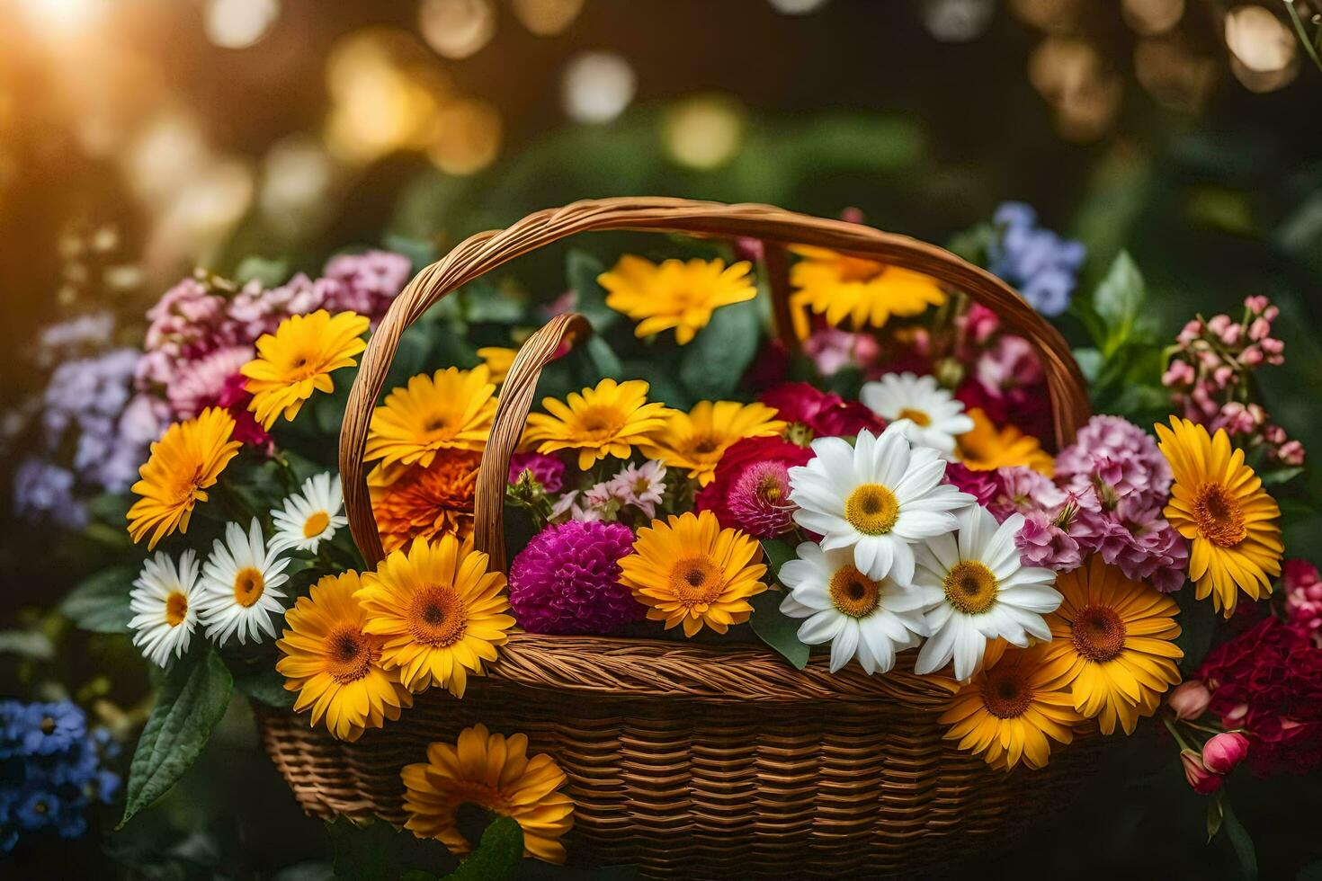 Blumen im ein Korb. KI-generiert foto