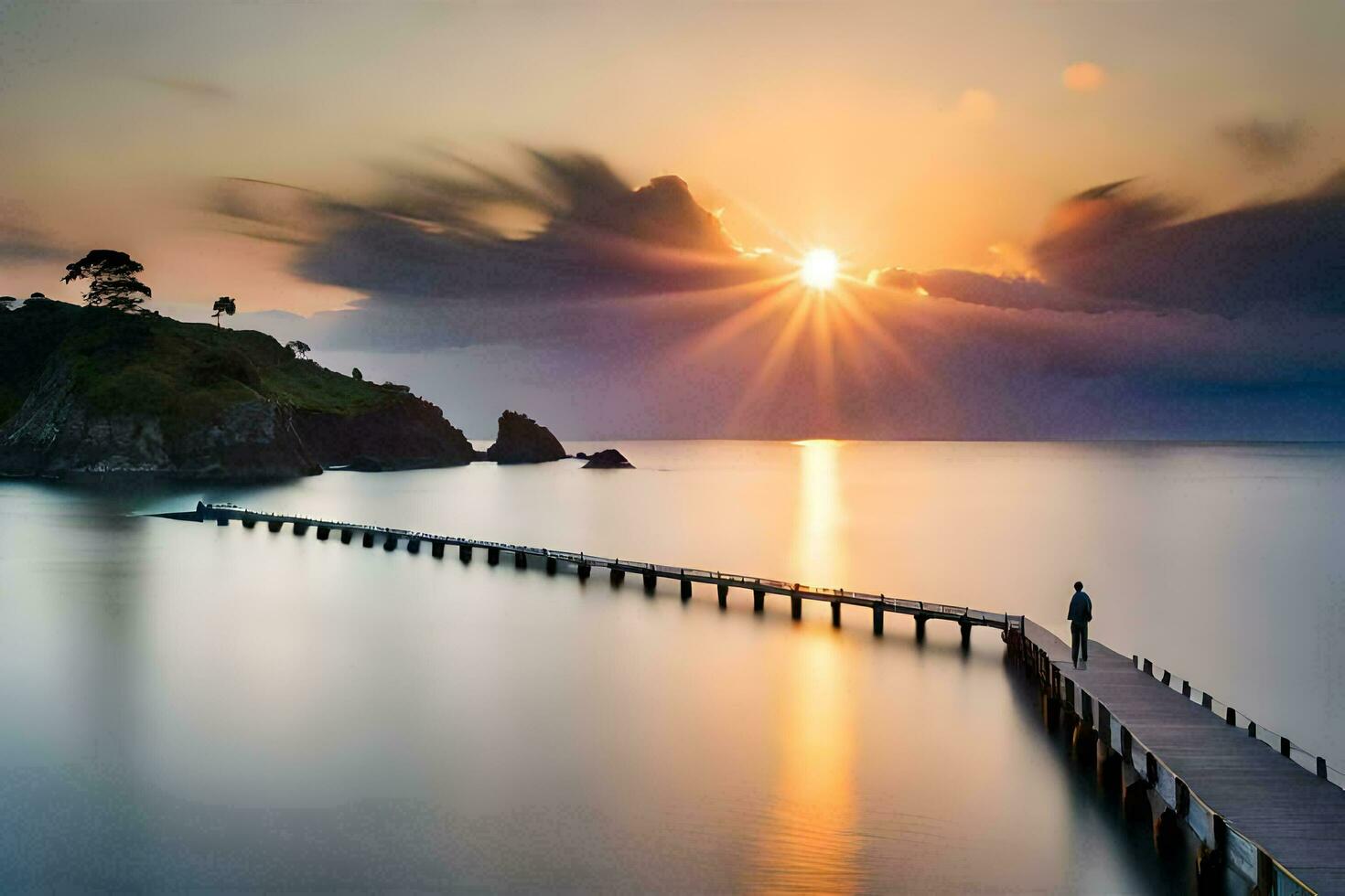 ein lange Seebrücke mit das Sonne Rahmen Über das Wasser. KI-generiert foto