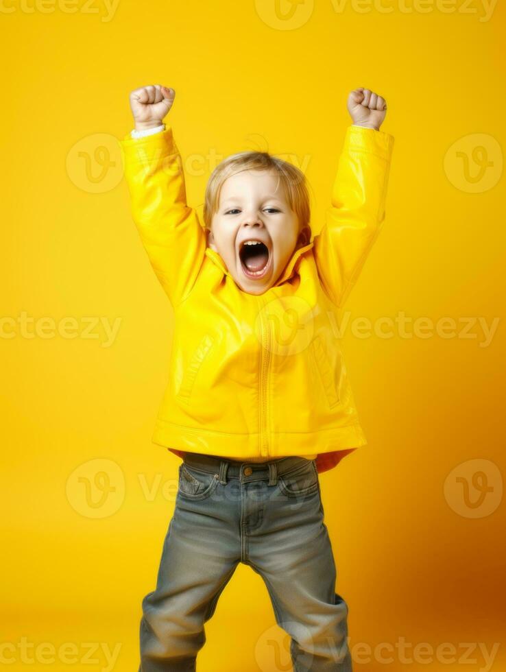 glücklich europäisch Kind im beiläufig Kleidung gegen ein neutral Hintergrund ai generativ foto