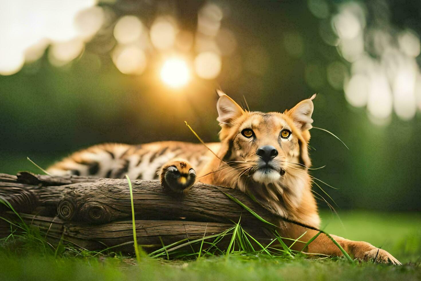 ein Tiger Verlegung auf ein Log im das Gras. KI-generiert foto