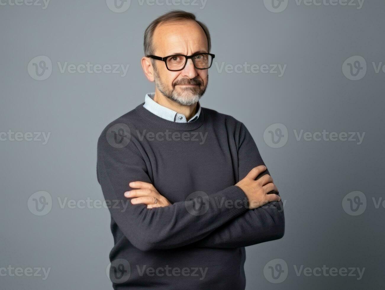 glücklich europäisch Mann im beiläufig Kleidung gegen ein neutral Hintergrund ai generativ foto
