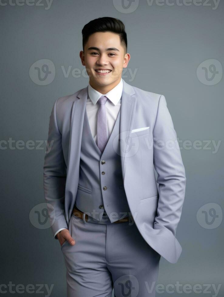 lächelnd jung Mann von asiatisch Abstammung gekleidet im passen auf grau Hintergrund ai generativ foto