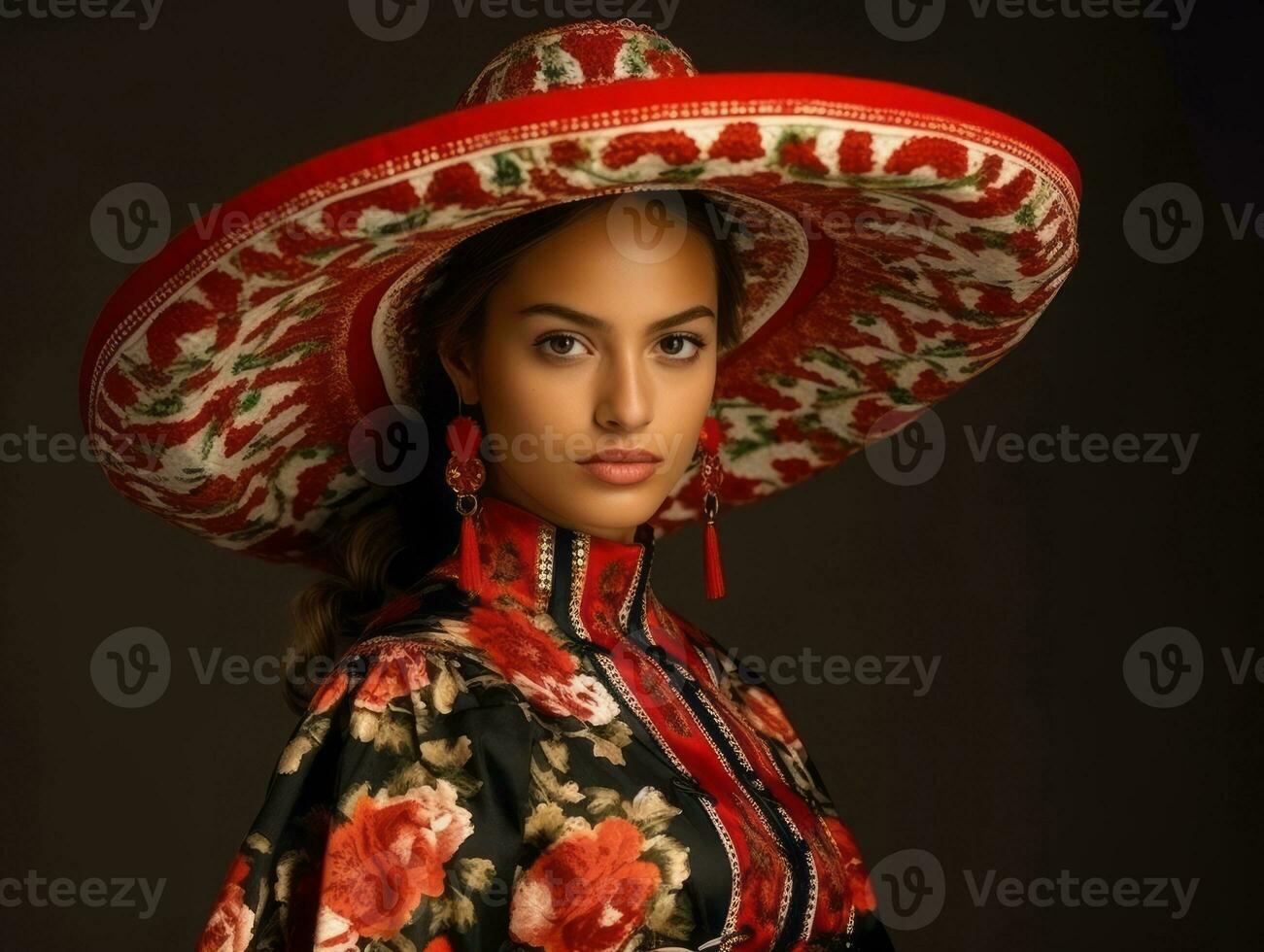 lächelnd jung Frau von Mexikaner Abstammung gekleidet im elegant Kleid auf grau Hintergrund ai generativ foto