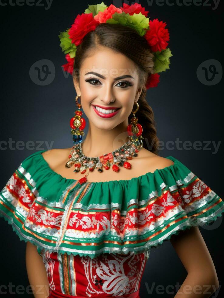 lächelnd jung Frau von Mexikaner Abstammung gekleidet im elegant Kleid auf grau Hintergrund ai generativ foto