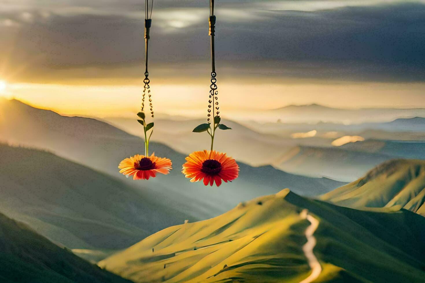 zwei Blumen hängend von ein Seil im Vorderseite von ein Berg. KI-generiert foto