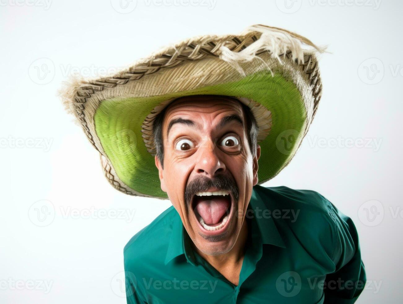 Mexikaner Mann im spielerisch Pose auf Weiß Hintergrund ai generativ foto