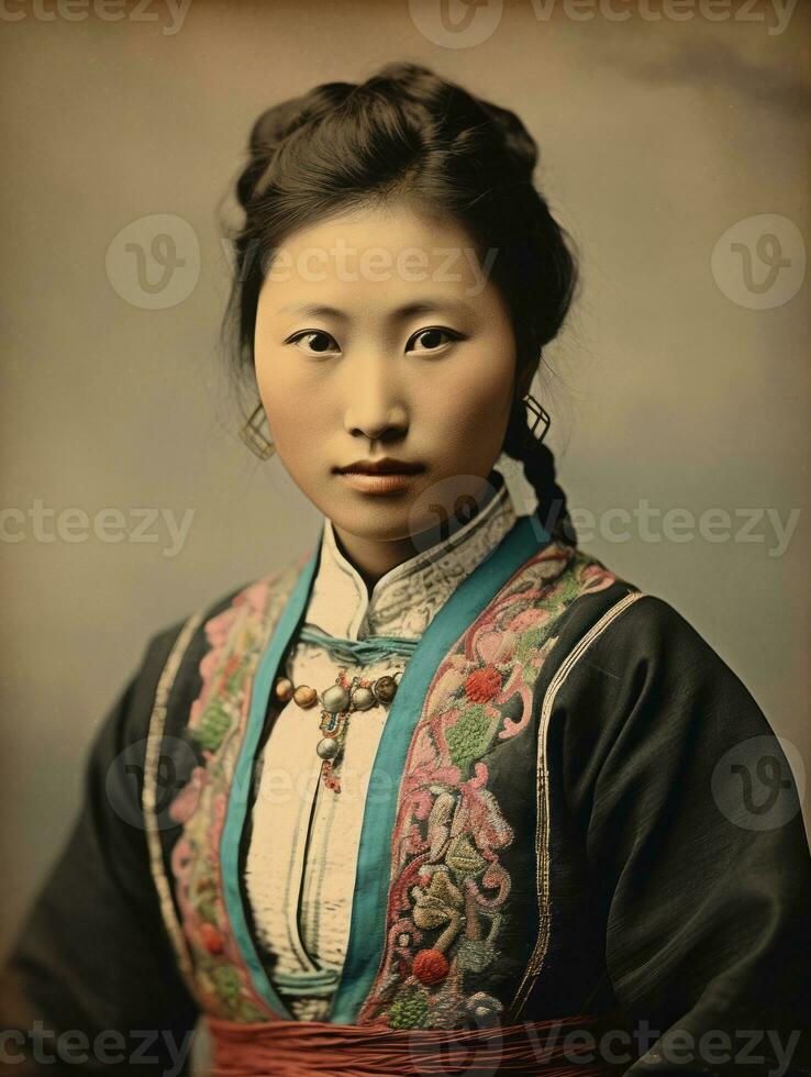 alt farbig Foto von ein asiatisch Frau von das früh 1900s ai generativ