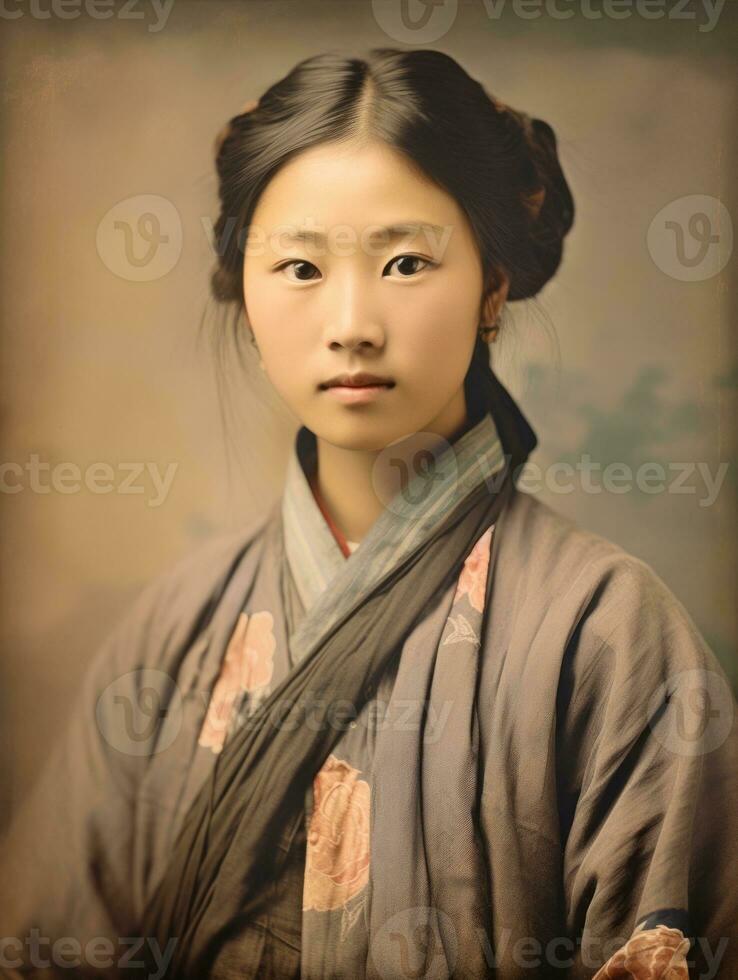 alt farbig Foto von ein asiatisch Frau von das früh 1900s ai generativ