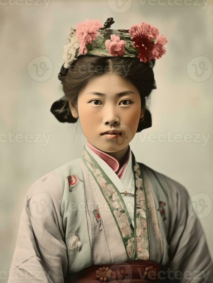 alt farbig Foto von ein asiatisch Frau von das früh 1900s ai generativ