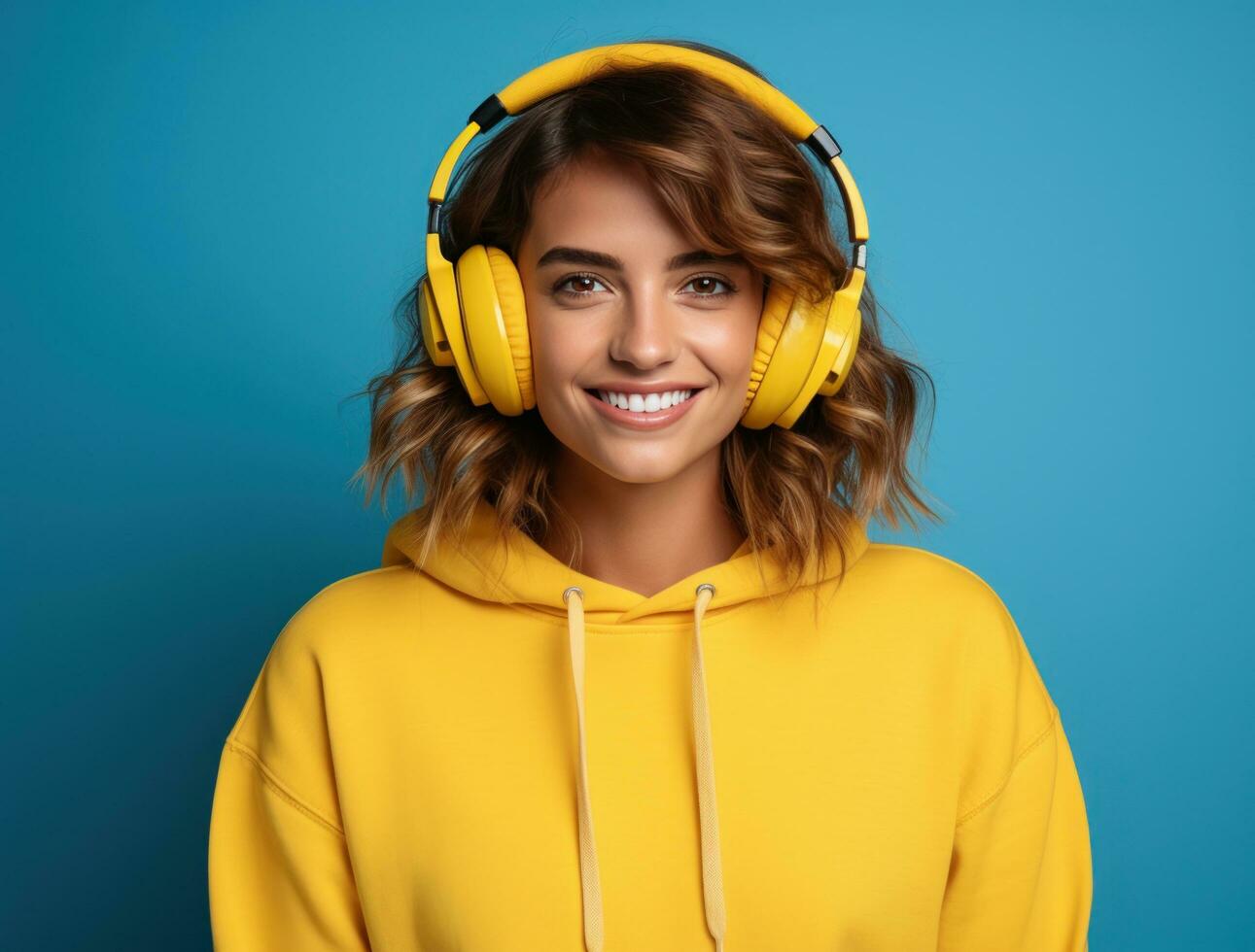 ein jung Dame posieren mit Kopfhörer im Blau Hintergrund foto