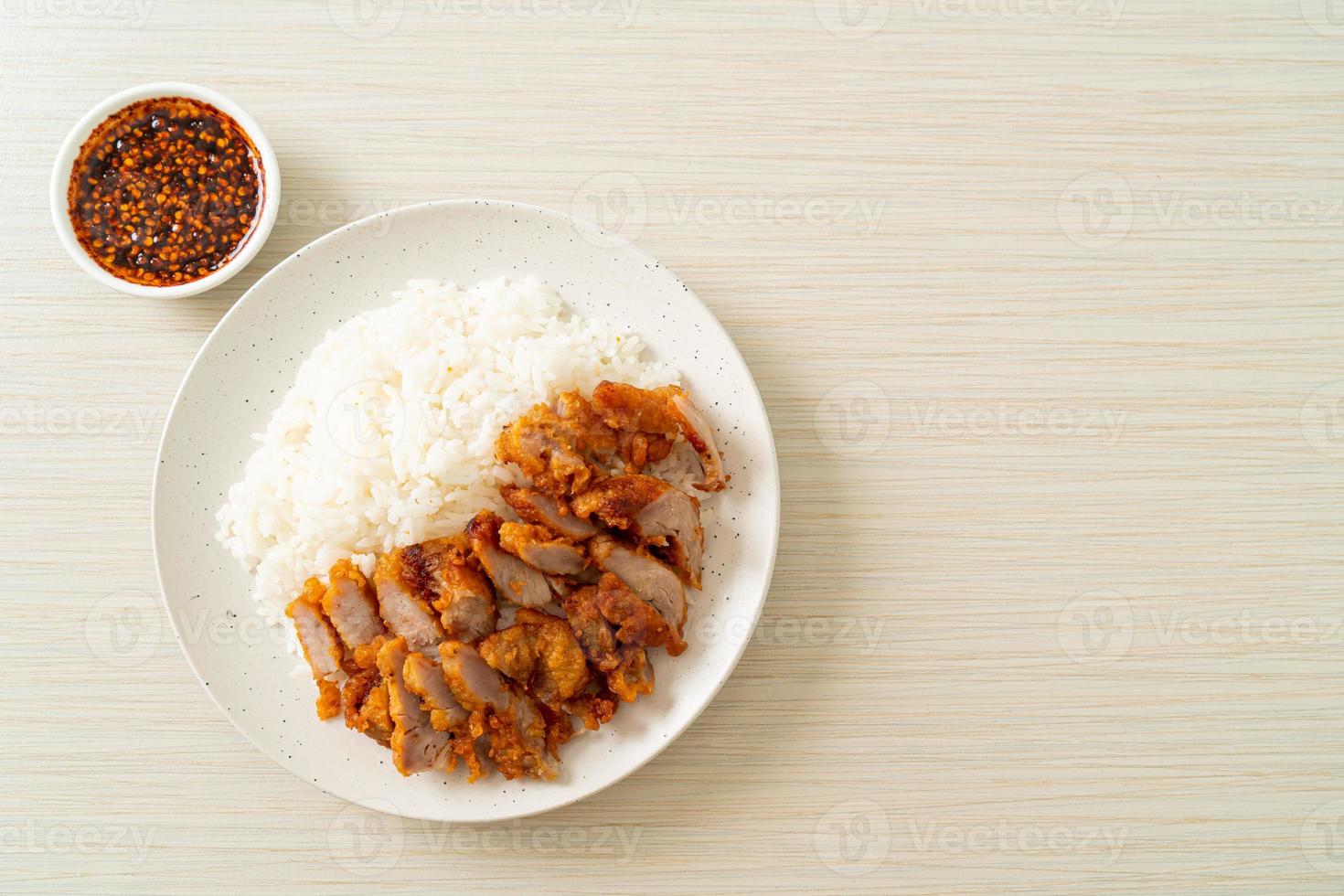 gebratenes Schweinefleisch auf Reis mit pikanter Dipsauce foto