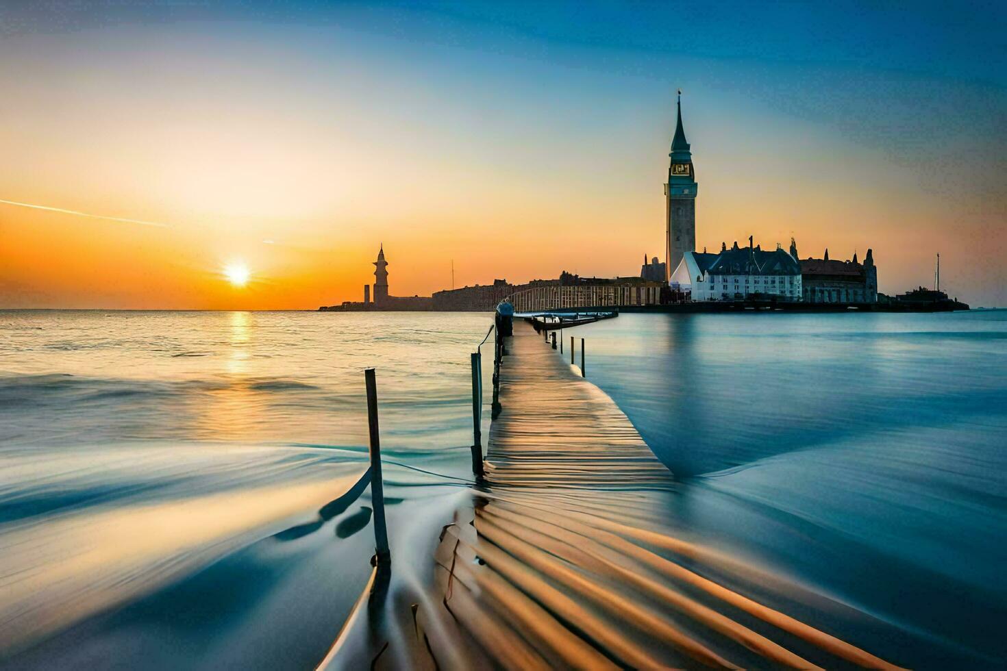 das Sonne steigt an Über das Wasser und Seebrücke im Venedig. KI-generiert foto