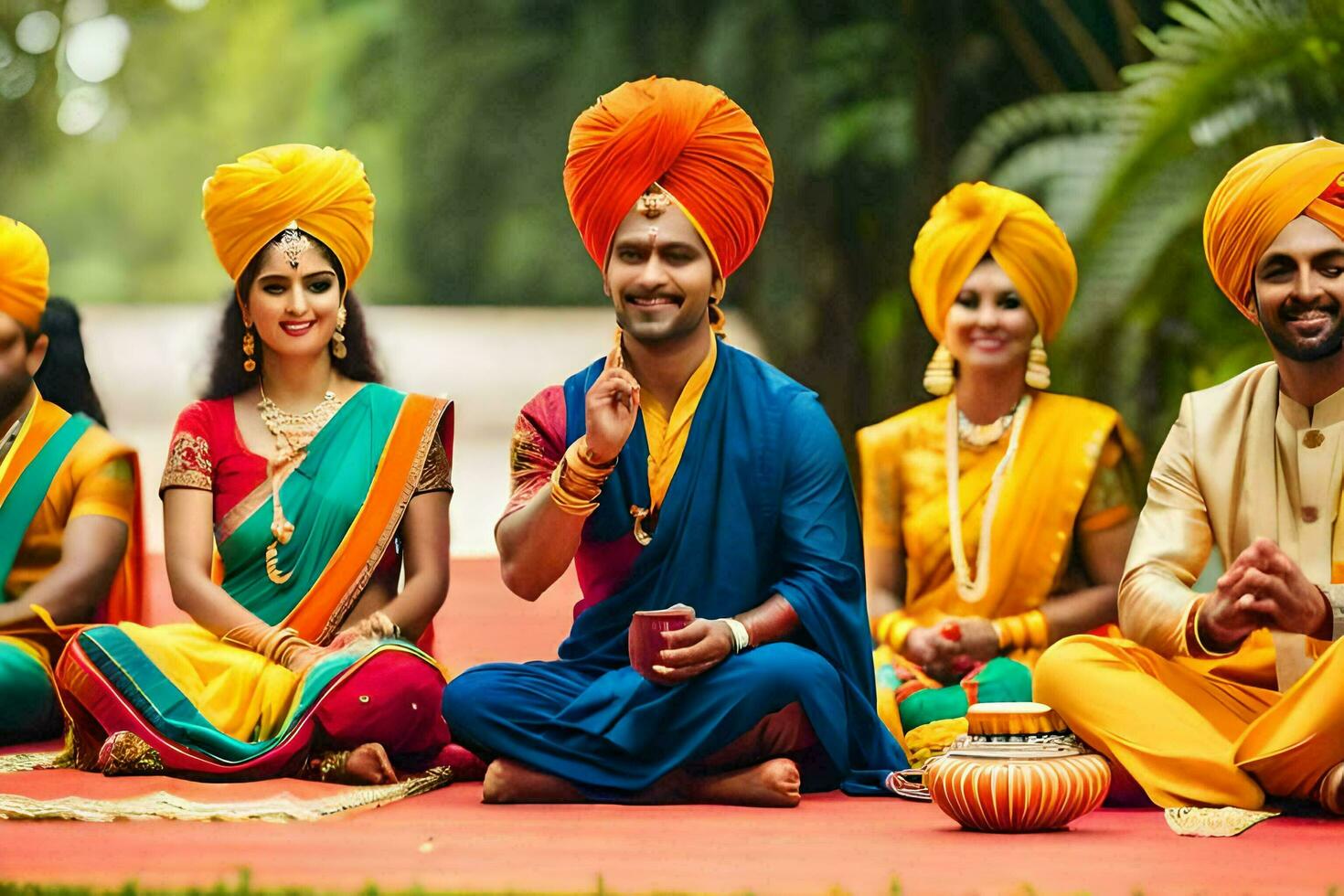 indisch Hochzeit Zeremonie mit Männer und Frauen im bunt Turbane. KI-generiert foto