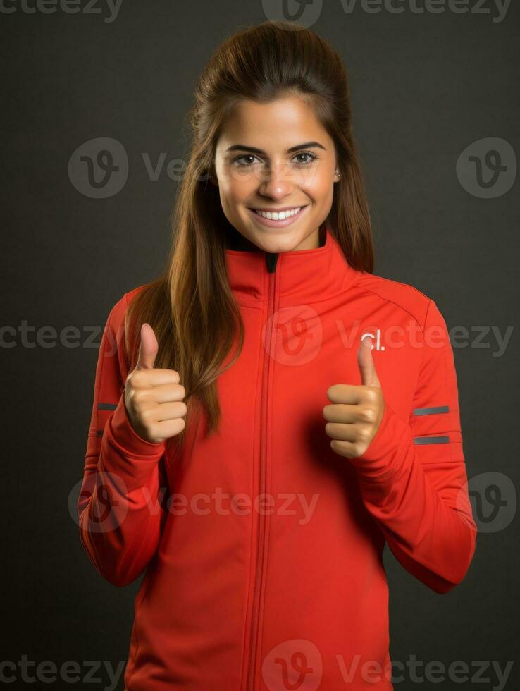 jung europäisch Frau gekleidet im Sportbekleidung deutlich aktiv und voll von Energie ai generativ foto