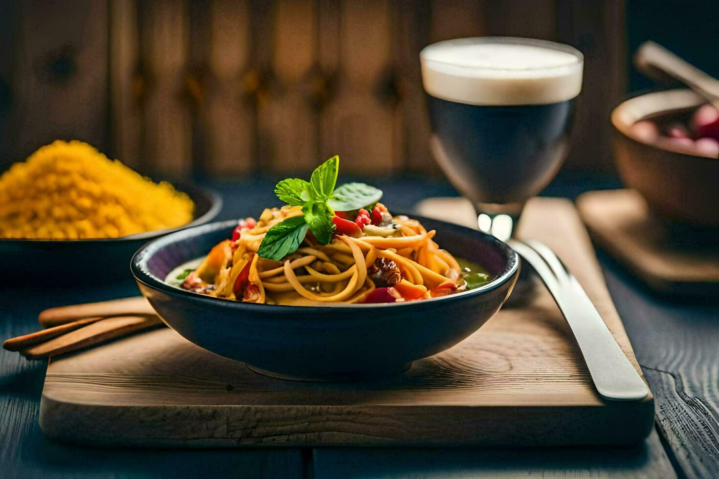 Spaghetti mit Tomate Soße und Gemüse im ein Schüssel. KI-generiert foto