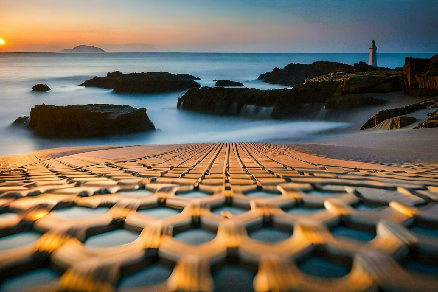 ein Strand mit ein sechseckig Muster auf das Sand. KI-generiert foto