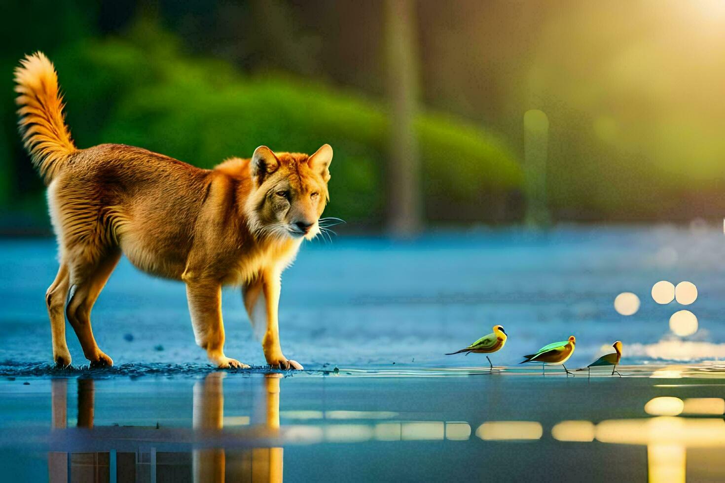 ein Hund und Vögel Stehen auf das Wasser. KI-generiert foto