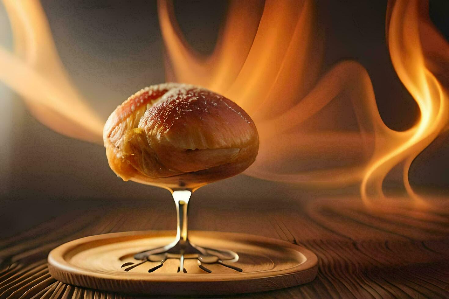 ein Brot Ball auf ein Glas mit Flammen hinter Es. KI-generiert foto