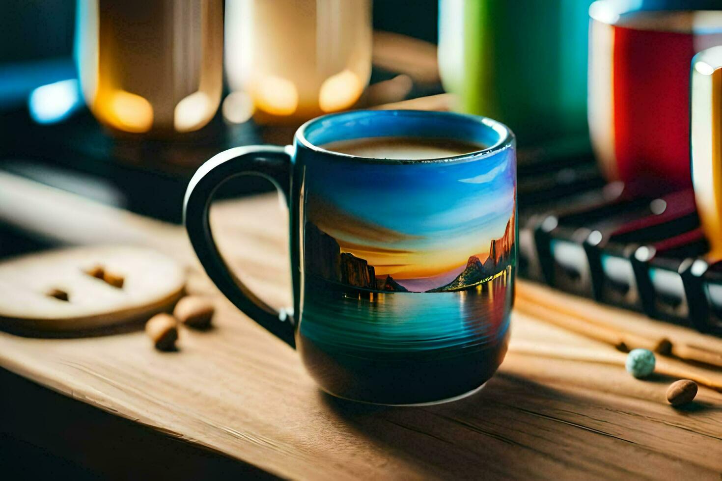 ein Kaffee Becher mit ein Bild von ein See auf Es. KI-generiert foto