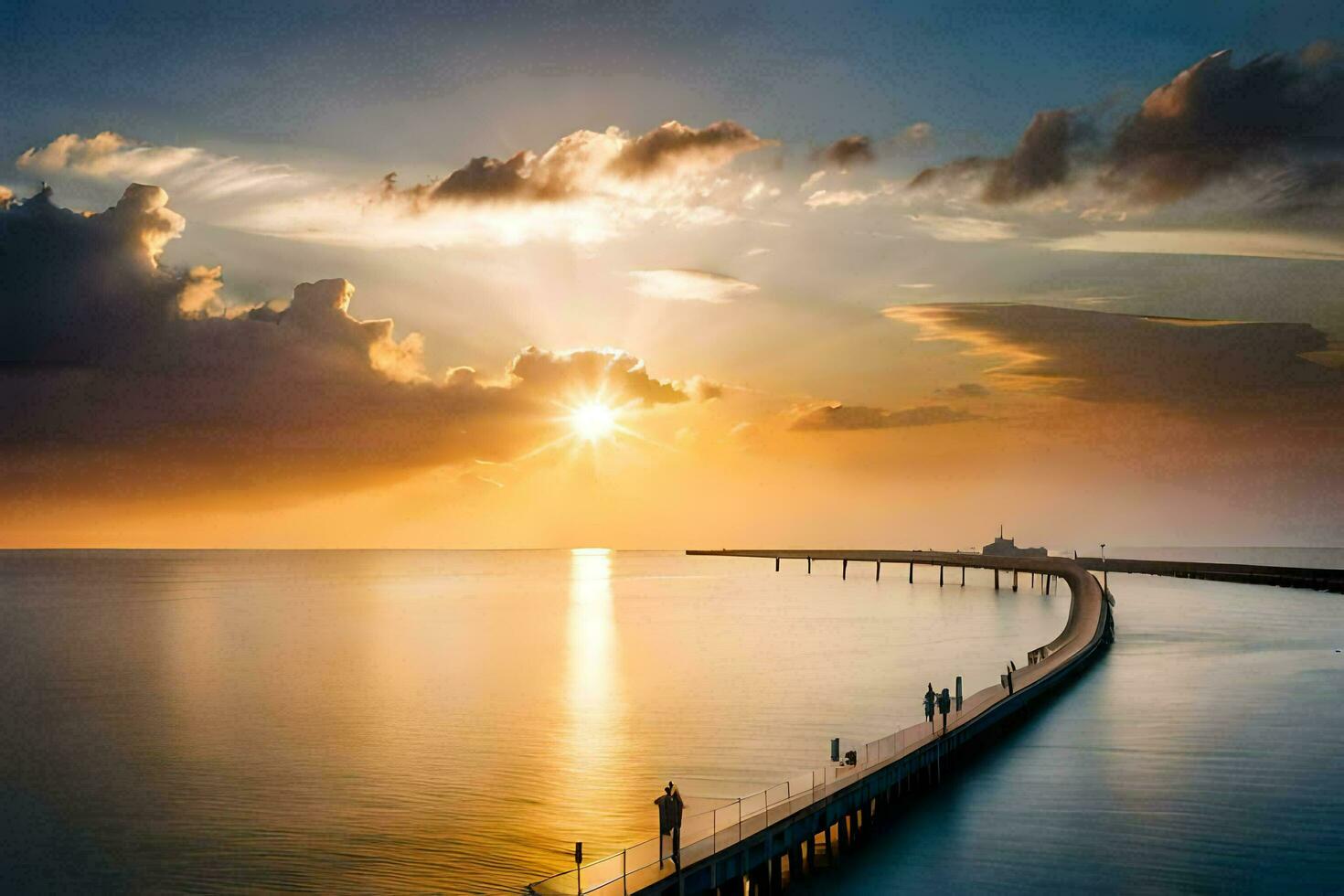 das Sonne steigt an Über das Ozean und Seebrücke. KI-generiert foto