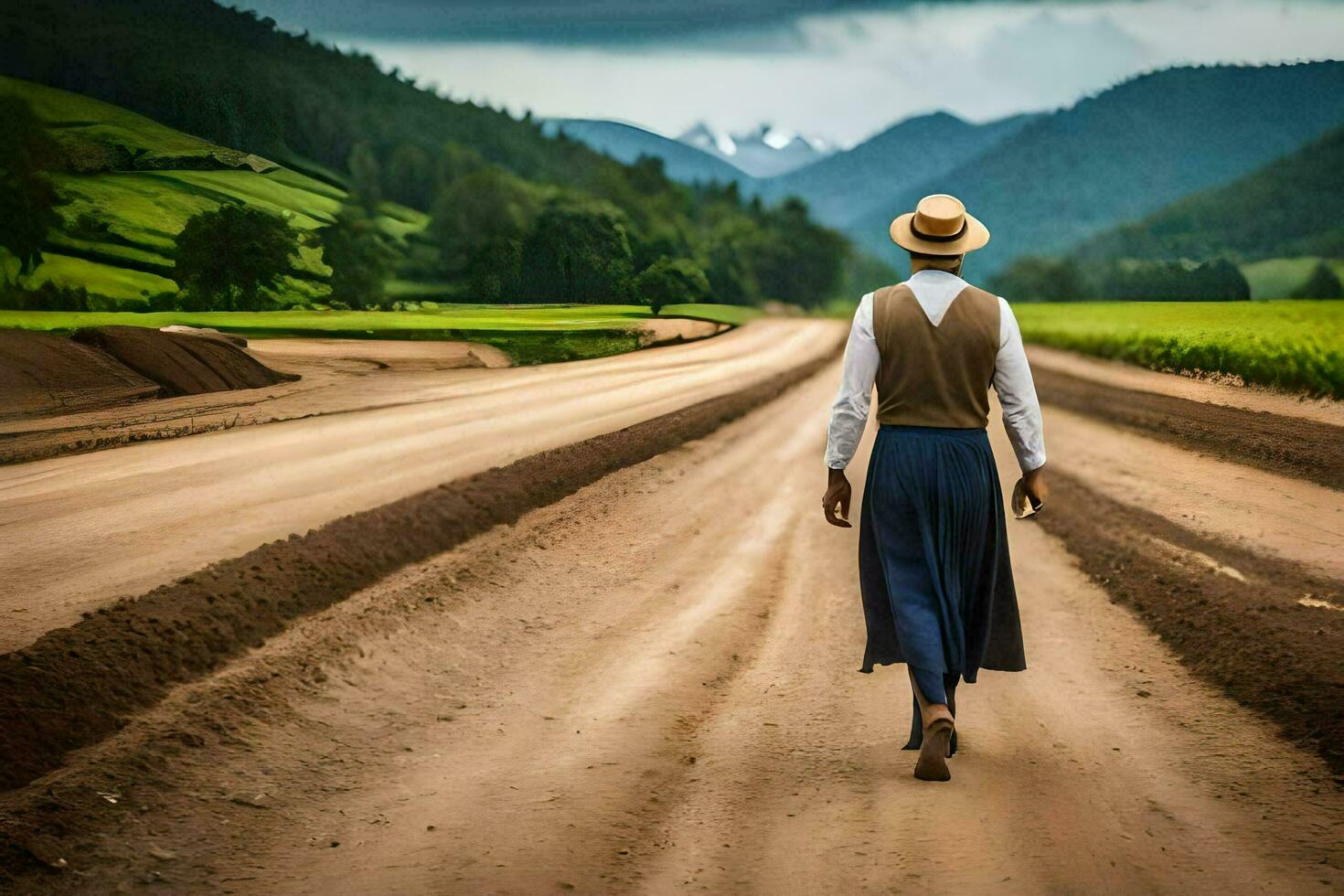 ein Frau Gehen Nieder ein Schmutz Straße im das Mitte von ein Feld. KI-generiert foto