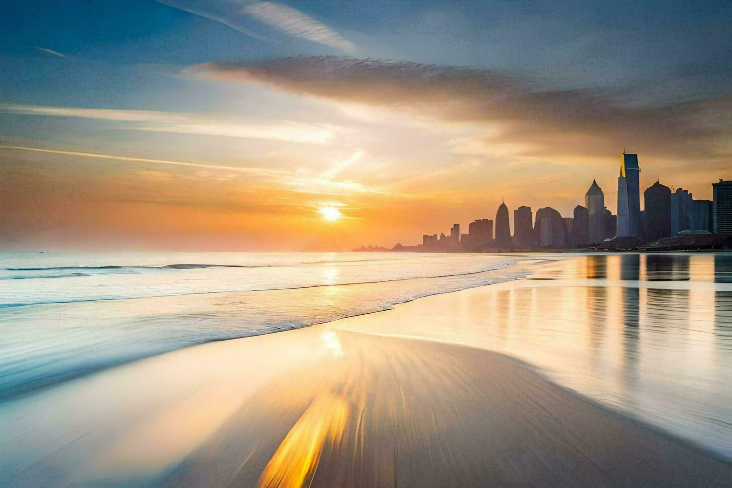 das Sonne steigt an Über das Stadt Horizont im Chicago. KI-generiert foto