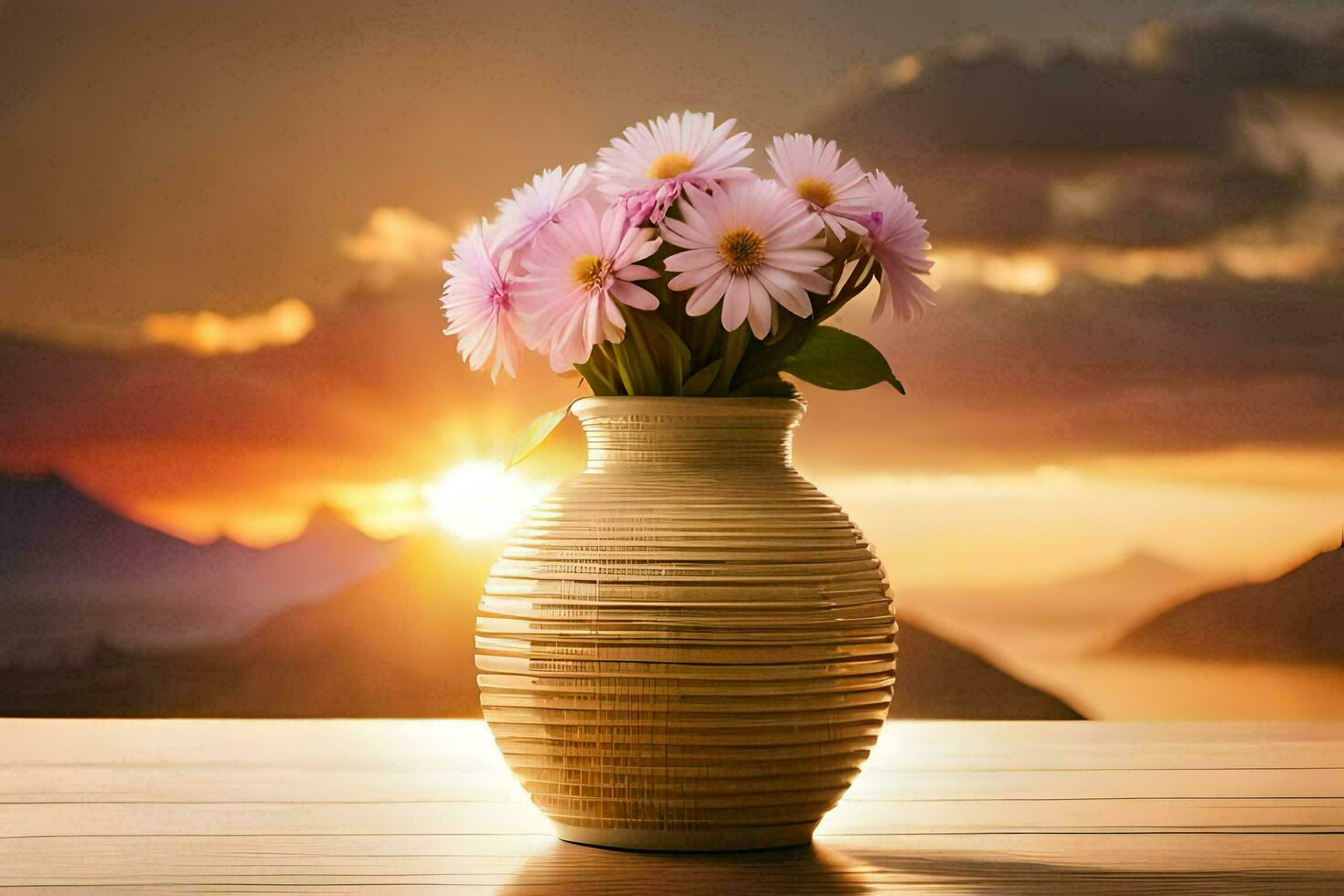 ein Vase mit Blumen auf ein Tabelle im Vorderseite von ein Sonnenuntergang. KI-generiert foto