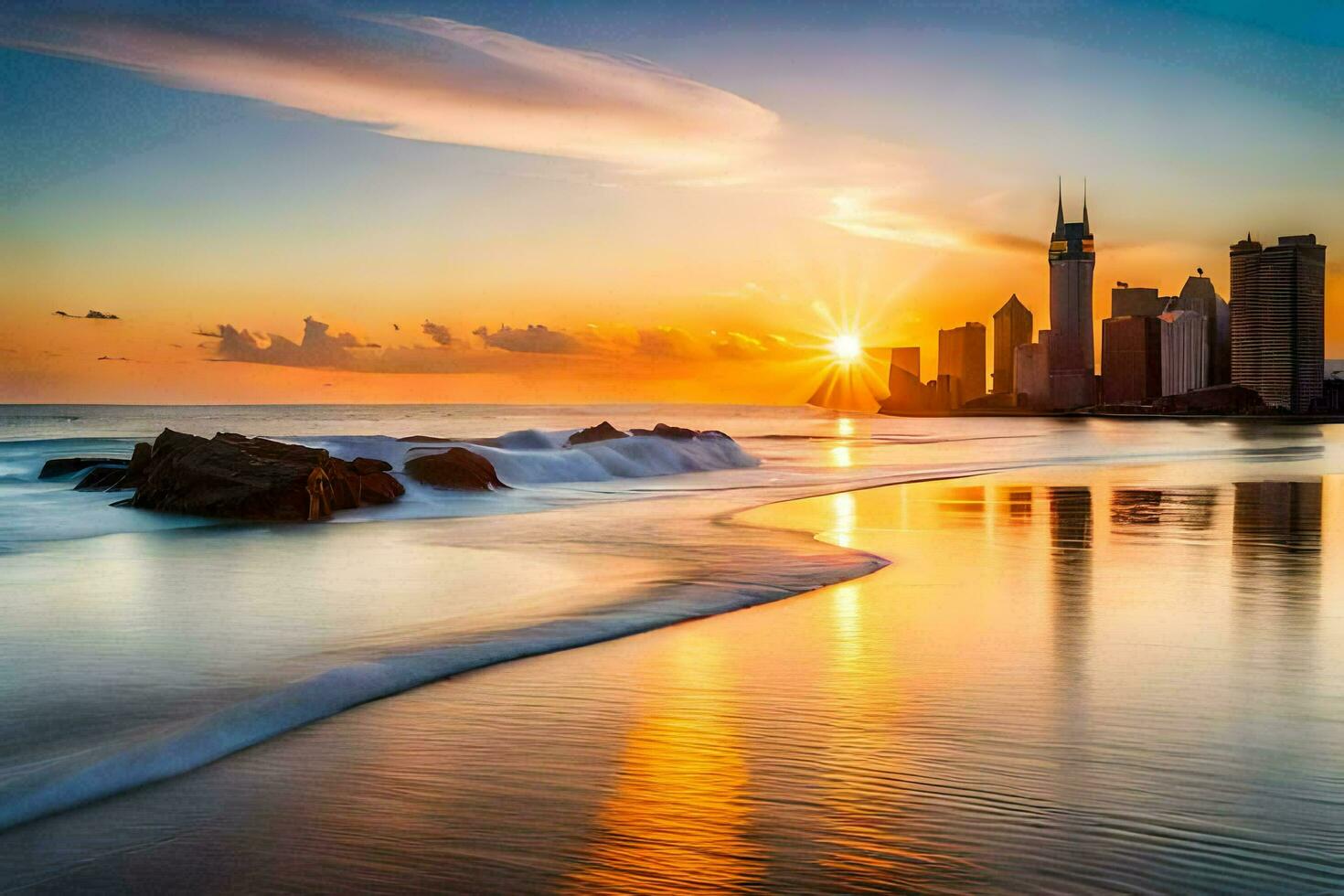 das Sonne setzt Über das Ozean und Stadt Horizont. KI-generiert foto