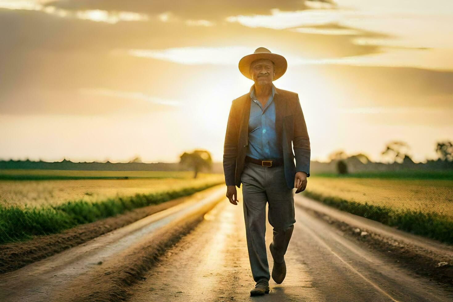 ein Mann im ein Cowboy Hut Spaziergänge Nieder ein Schmutz Straße. KI-generiert foto