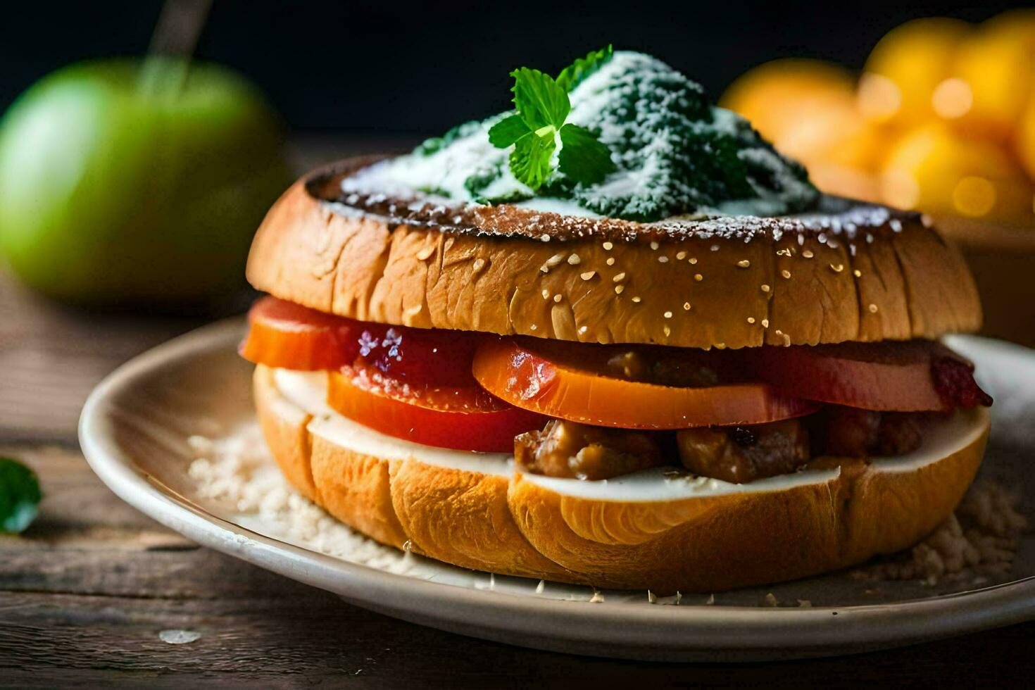 ein Sandwich mit Fleisch und Gemüse auf ein Platte. KI-generiert foto