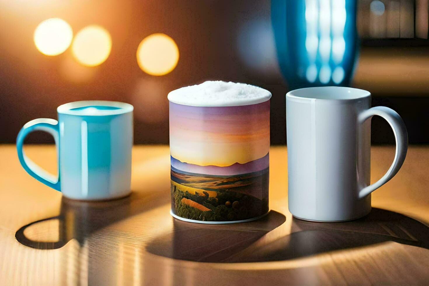 zwei Tassen mit ein Bild von ein Sonnenuntergang auf ihnen. KI-generiert foto