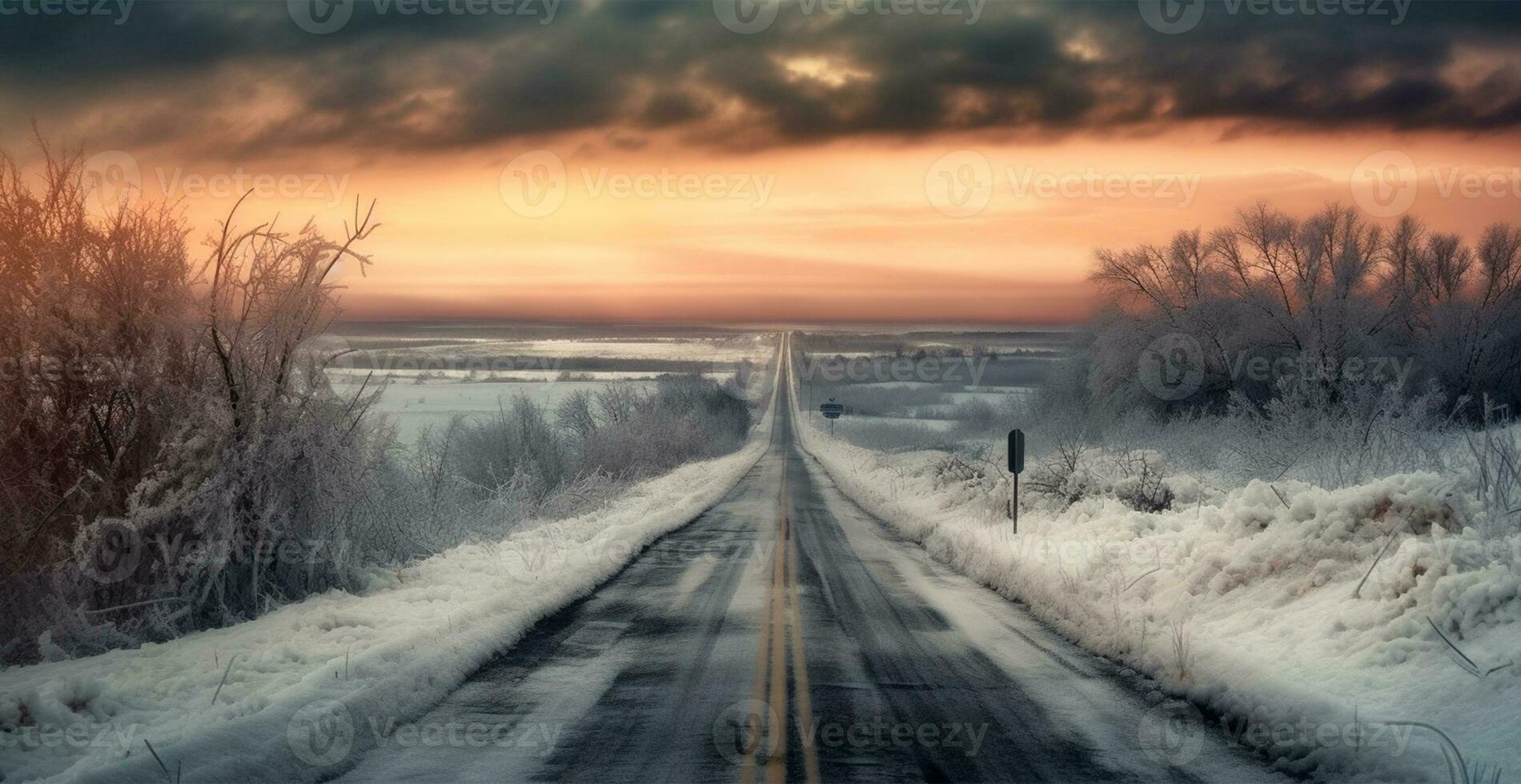 Straße im das Winter Berge im das Hintergrund, schneebedeckt Wald - - ai generiert Bild foto