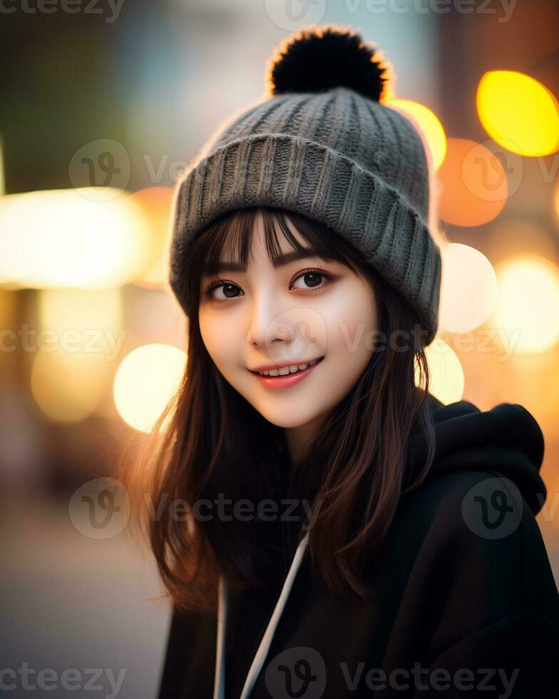 ein heiter Koreanisch Mädchen tragen Kapuzenpullover und stricken Hut ai generativ foto