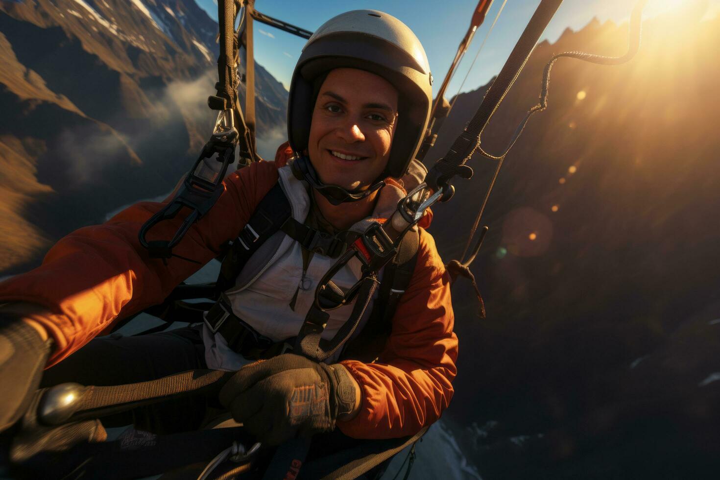 ein Nahansicht Schuss von ein hängen Segelflugzeug Piloten heftig Ausdruck wie Sie navigieren das Himmel, präsentieren das Aufregung und Abenteuer von das Sport. generativ ai foto