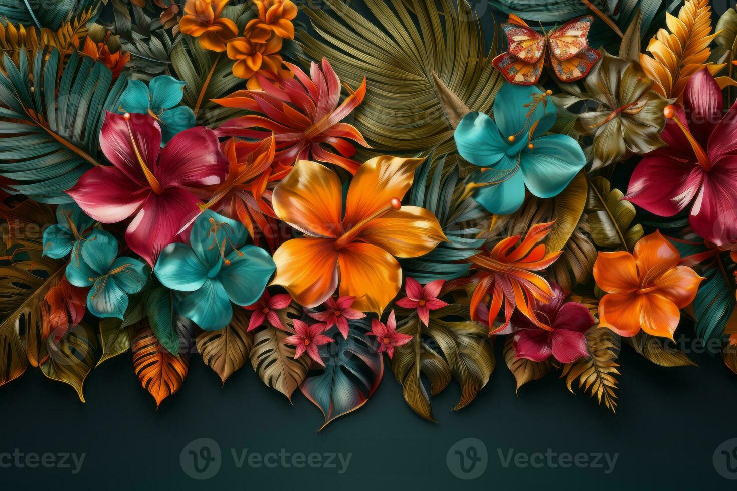 Illustration von üppig, beschwingt tropisch Blumen auf ein dunkel Hintergrund, ein Array von Hibiskus Blumen, bunt und abwechslungsreich Blütenblätter, Reich Grün Blätter. generativ ai foto