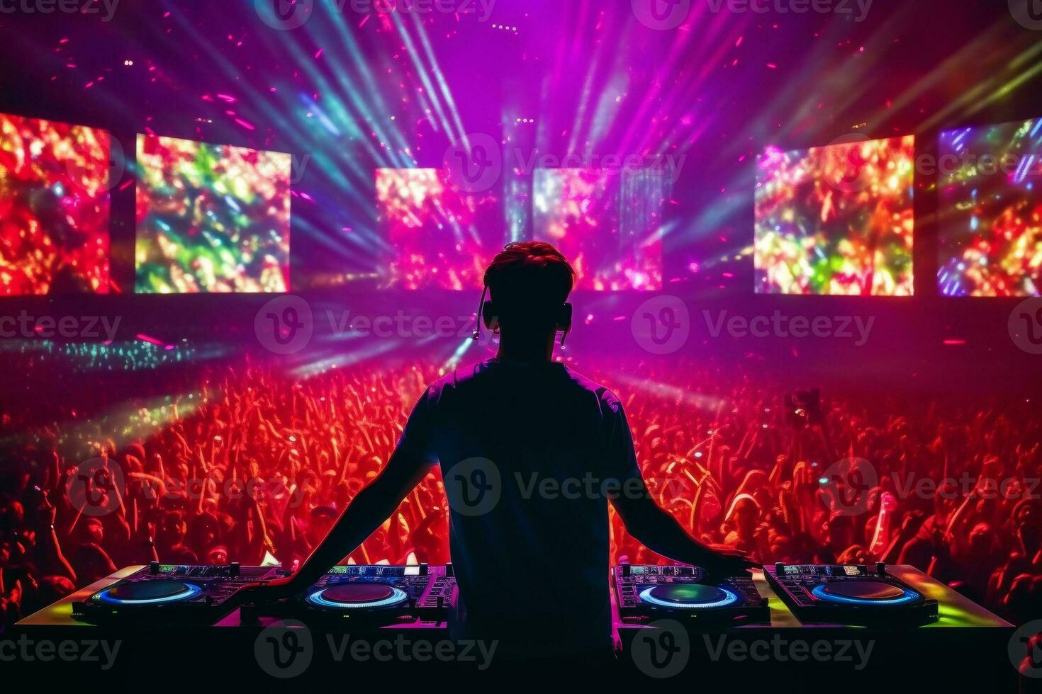 ein dj durchführen beim ein Musik- Festival mit bunt Laser- Beleuchtung im das Hintergrund. generativ ai foto