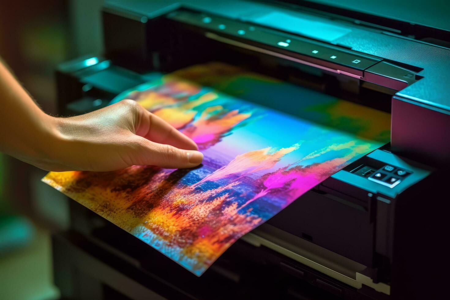 Hand halten ein frisch gedruckt fotografieren mit beschwingt Farben, präsentieren das hohe Qualität Ausgabe von ein Tinte Foto Drucker. generativ ai