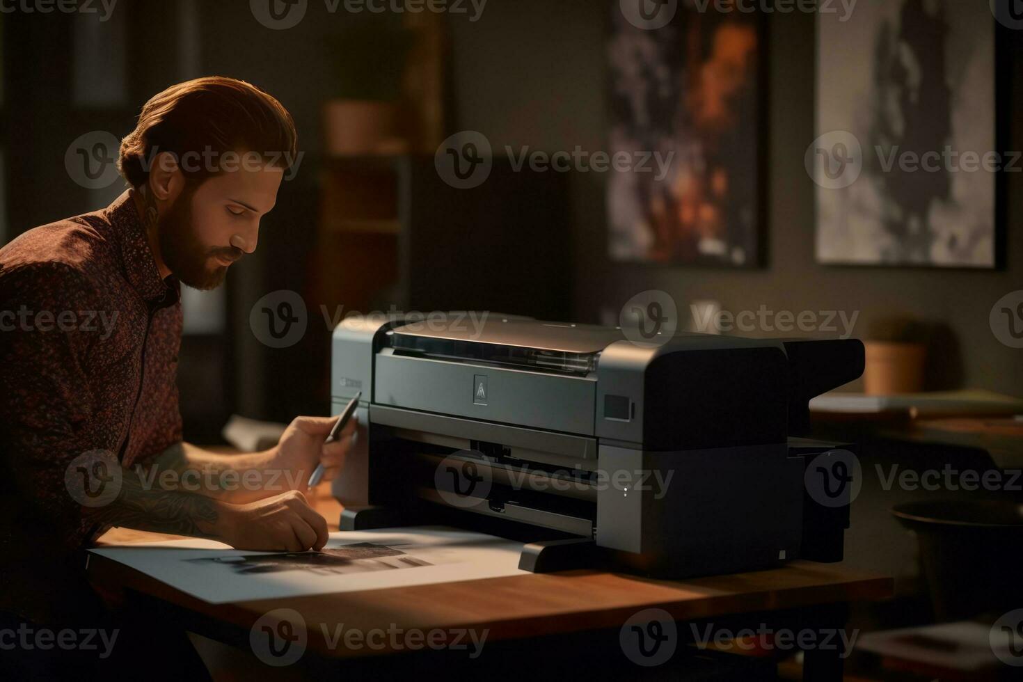 Fachmann Fotograf mit ein Tinte Foto Drucker im ein gut beleuchtet Studio, betonen das Drucker Rolle im Fachmann Fotografie Arbeitsabläufe. generativ ai