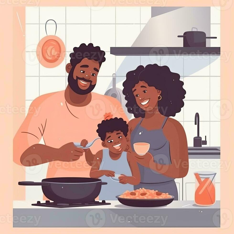 eben Karikatur Illustration von ein schwarz Familie Kochen im Küche. generativ ai foto