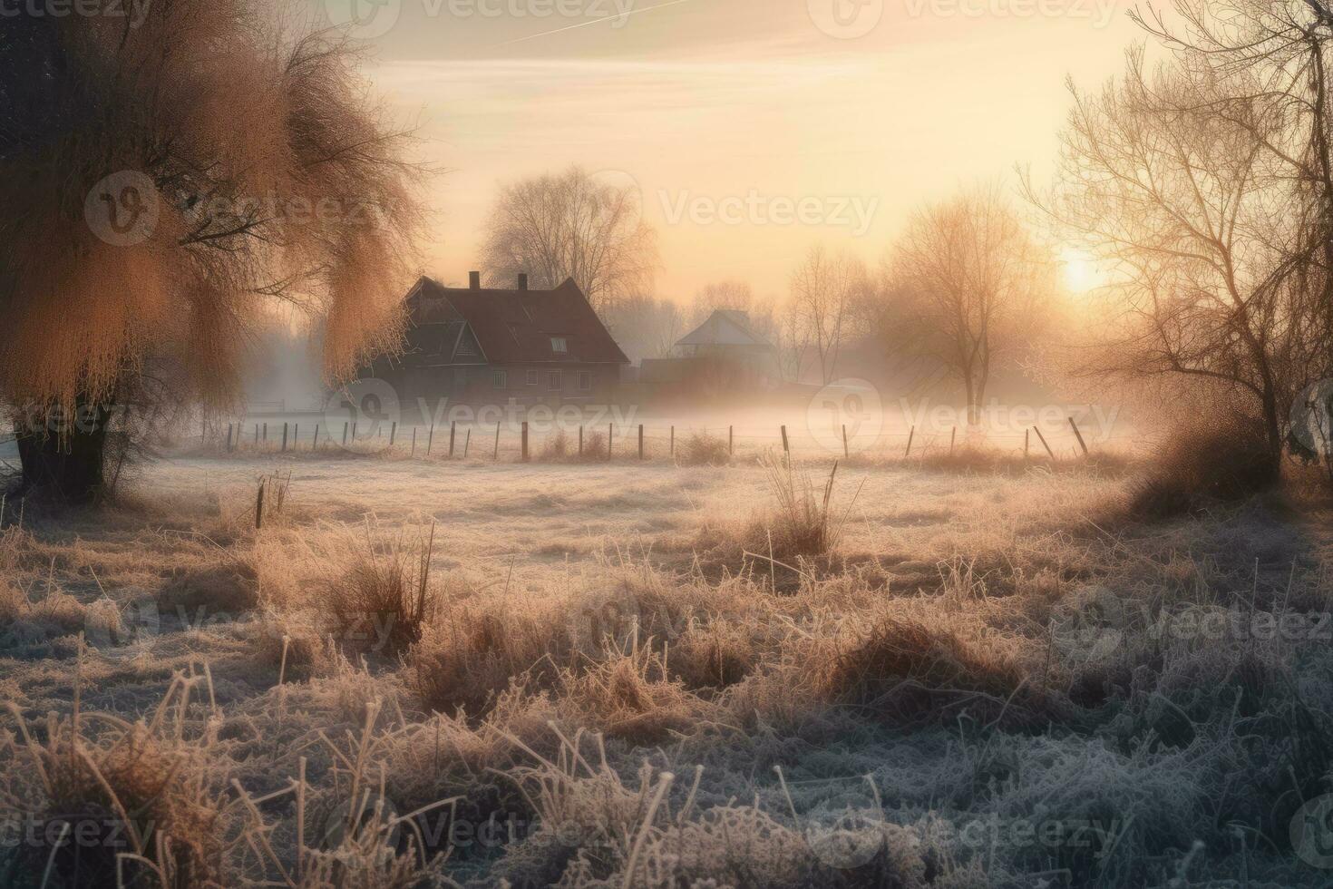 Winter Landschaft mit Frost Abdeckung das Bäume und Gras. das Sonne ist  gerade beginnend zu erheben