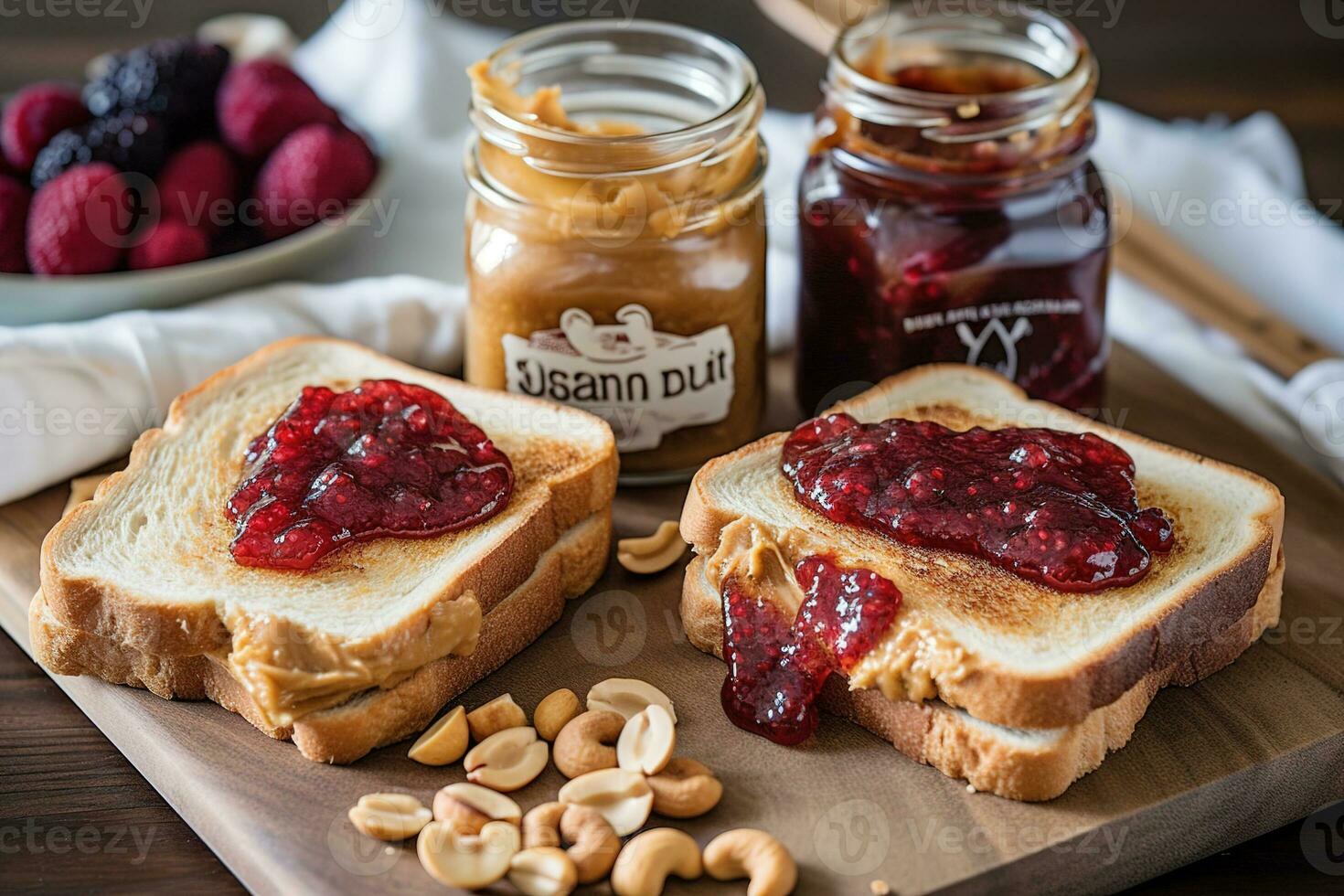 klassisch Erdnuss Butter und Gelee Sandwich, mit das reich, cremig Erdnuss Butter perfekt gepaart mit ein süss, fruchtig Marmelade oder Gelee. generativ ai. foto