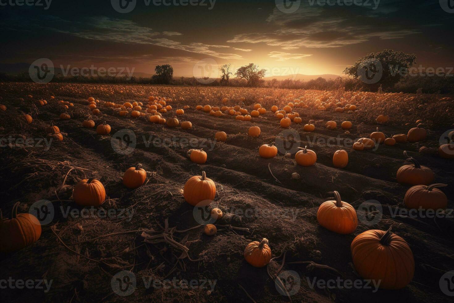 ein voll Mond steigend Über ein weitläufig Kürbis Patch, breit Reihen von Orange Kürbisse zündete oben gegen das Nacht Himmel. schattig zahlen Bewegung zwischen das Kürbisse, Ernte das reif Frucht. generativ ai. foto