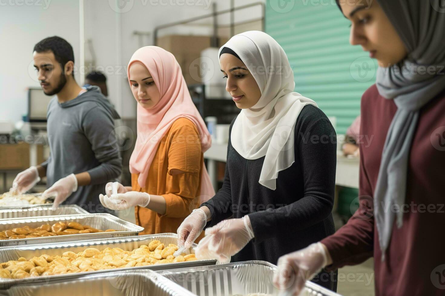 ein Gruppe von freunde Freiwilligenarbeit beim ein lokal Nächstenliebe während Ramadan. das Freiwillige Sein gezeigt im traditionell Ramadan Kleidung, mit das Betonung auf das Geist von geben und Mitgefühl. generativ ai foto