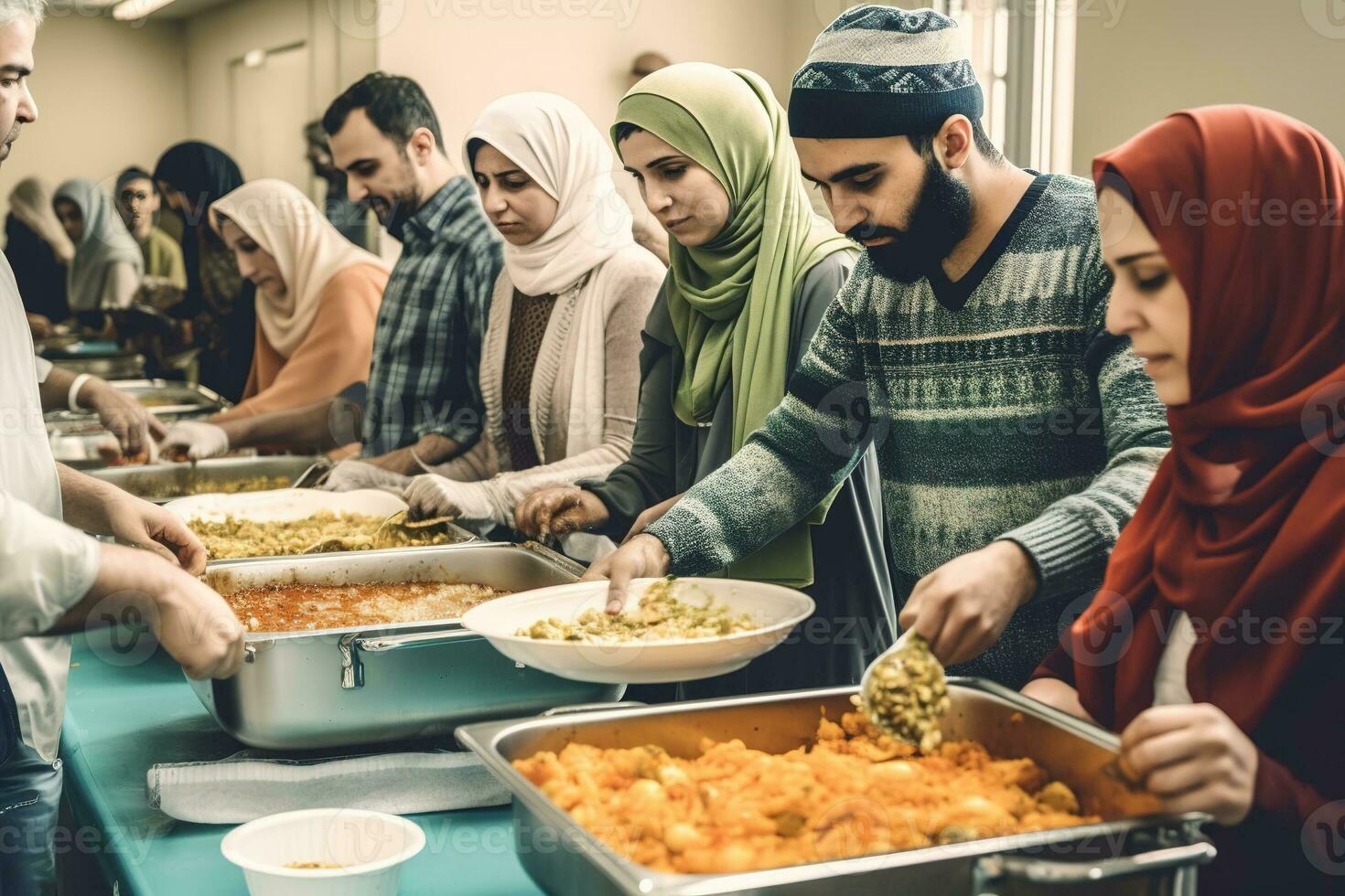 ein Gruppe von freunde Freiwilligenarbeit beim ein lokal Nächstenliebe während Ramadan. das Freiwillige Sein gezeigt im traditionell Ramadan Kleidung, mit das Betonung auf das Geist von geben und Mitgefühl. generativ ai foto